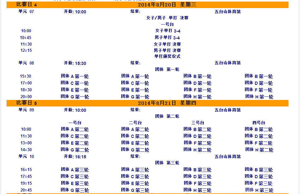 2014南京青奥会:乒乓球比赛赛程赛程直播表