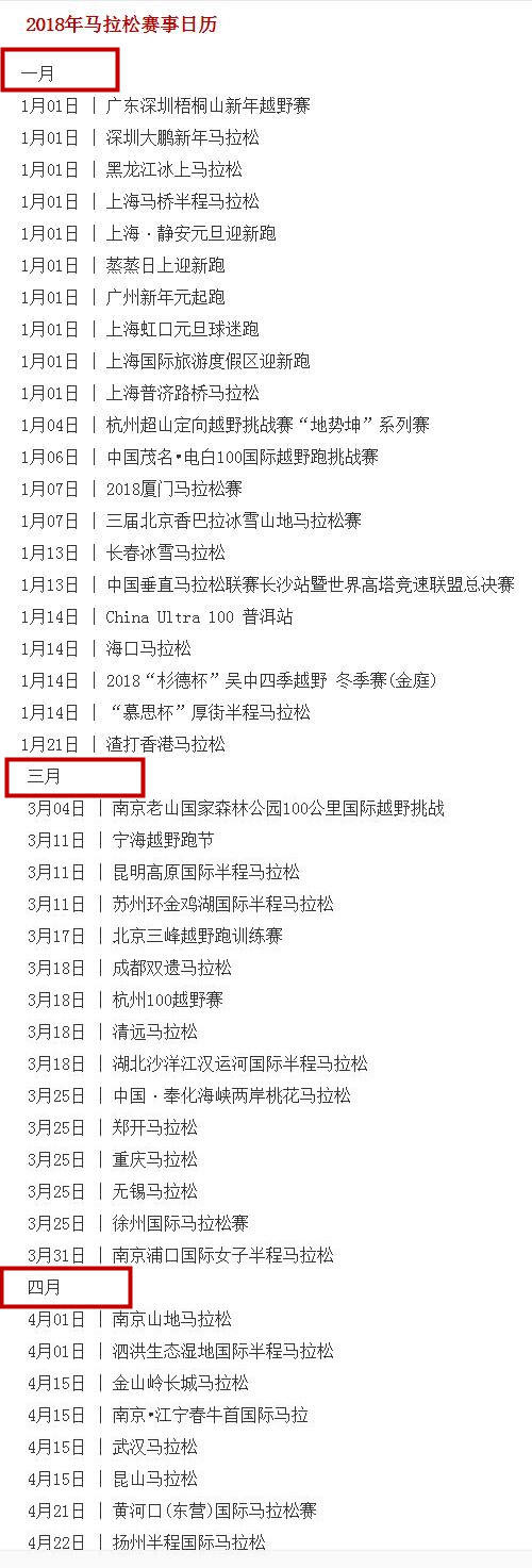 2018马拉松赛事日历表,2018年马拉松赛事安排【图