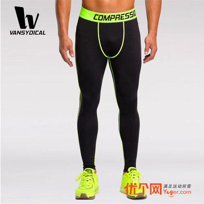 范斯蒂克运动紧身长裤（AWJSCK-2015001） 黑色拼荧光绿线全季长裤