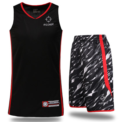 准者迷彩篮球服套装 黑/红（YK-97，吸汗速干透气宽松篮球套装）
