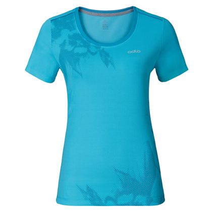 ODLO奥递乐 女款短袖圆领T恤 速干跑步上衣 221821 蓝色带印花（透气散热，排汗速干）