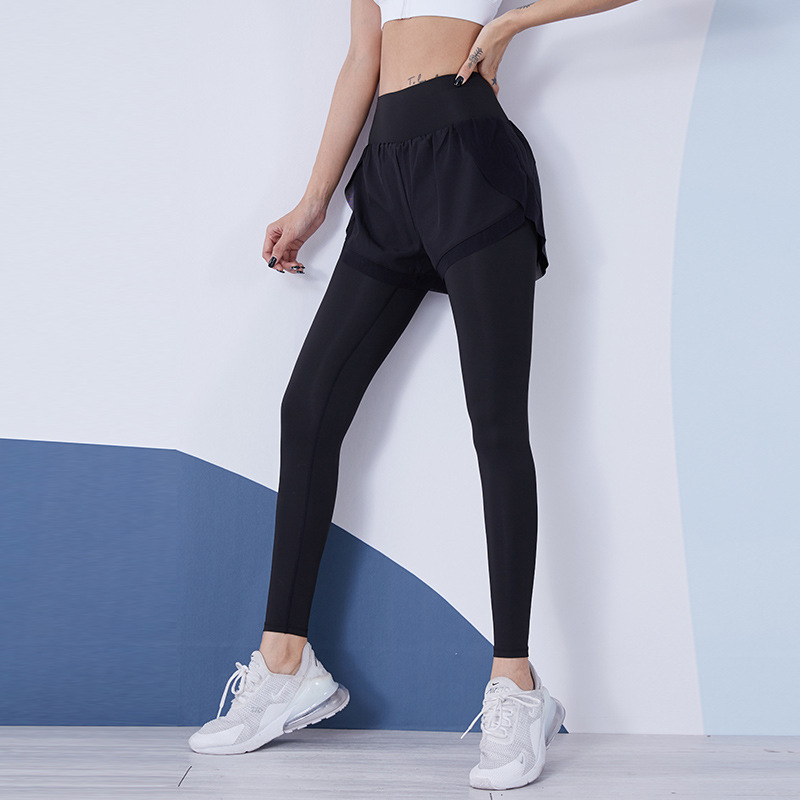 范斯蒂克女高腰收腹假两件紧身长裤专业运动晨跑步骑行速干健身裤黑色