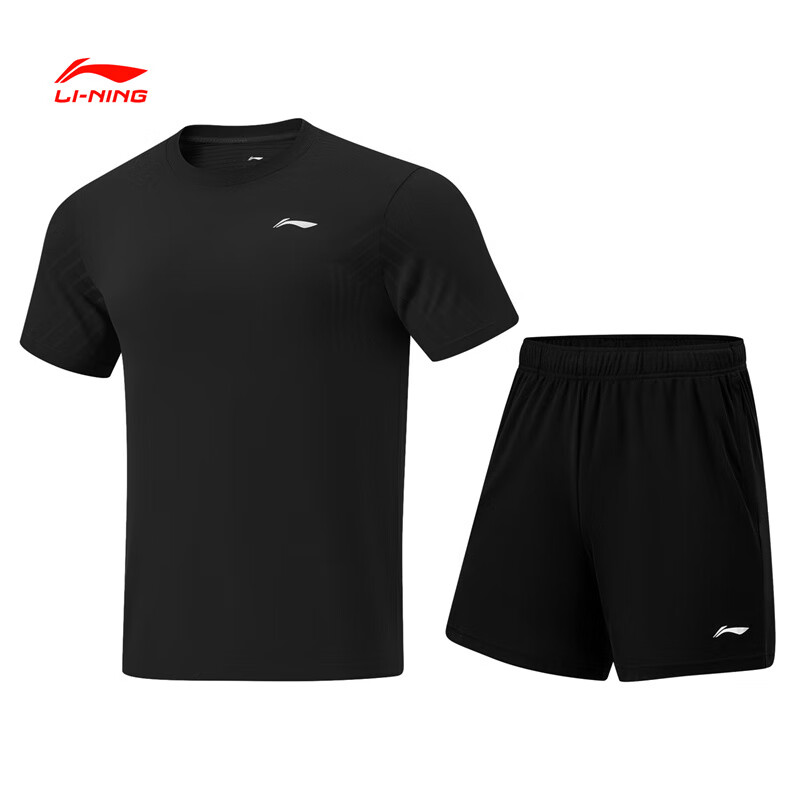LI-NING李宁 乒乓球服 男女短袖T恤 夏季透气吸湿速干比赛运动套装 AATU015-1 黑色+黑色