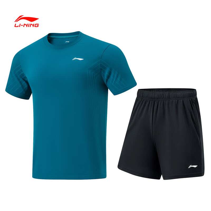 LI-NING李宁 乒乓球服 男女短袖T恤 夏季透气吸湿速干比赛运动套装 AATU015-4 珊瑚蓝+黑色
