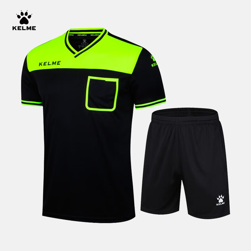 KELME /卡尔美足球裁判服套装男专业比赛短袖球衣K15Z221 黑/荧光绿 