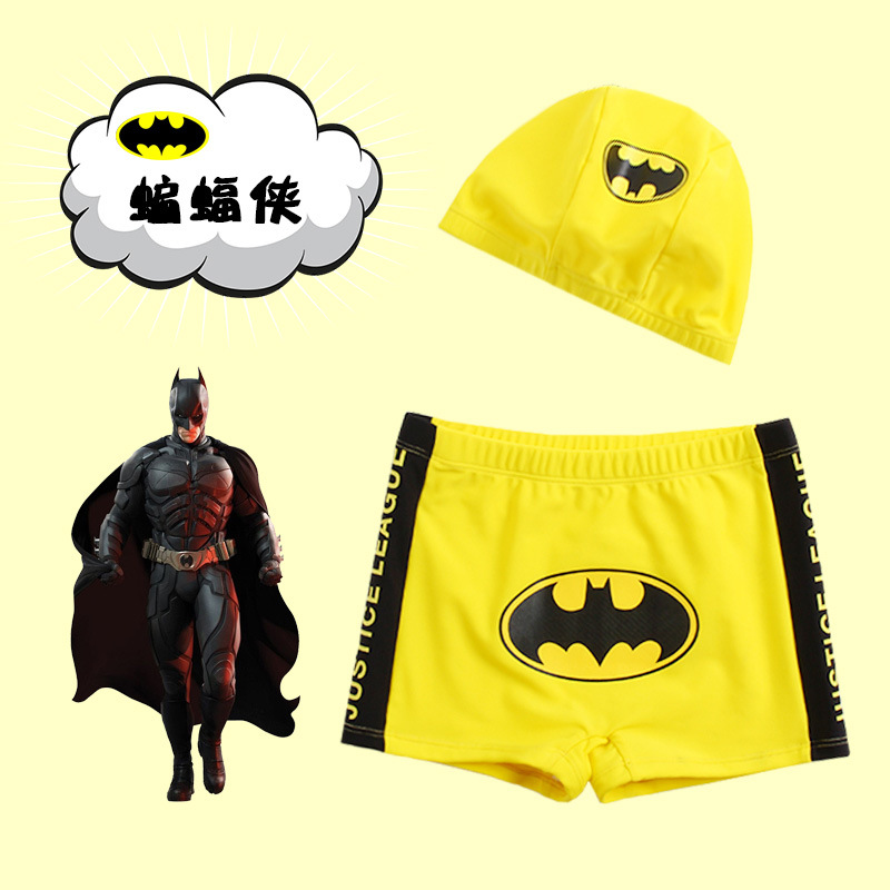 佑游 5801 男童平角游泳裤黄色蝙蝠侠带帽子