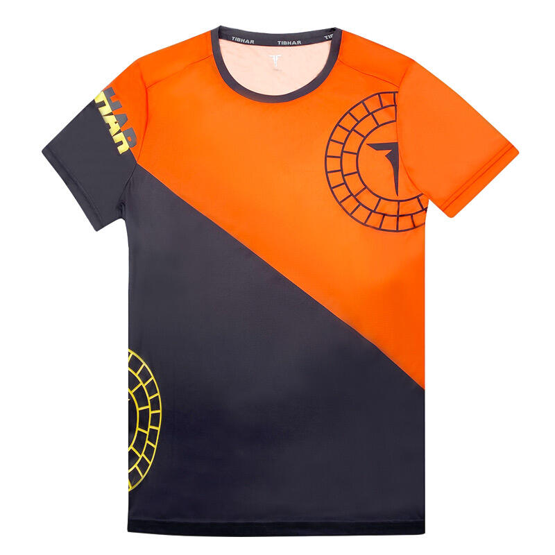  TIBHAR挺拔 德国乒乓球服 深蓝色圆领短袖 运动服 经典T标圆领上衣 02101-B 黑橙