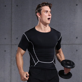 范斯蒂克 男款紧身衣运动弹力透气健身服训练跑步T恤篮球服 黑色拼灰线短袖 MBF75102