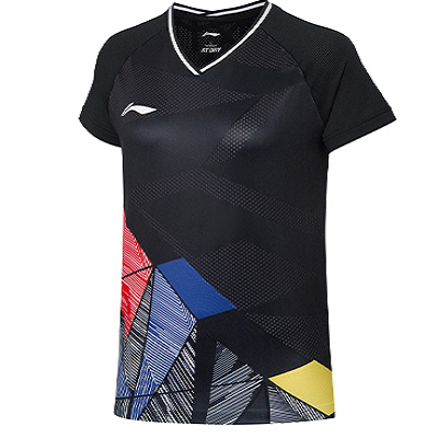 李宁女子国际大赛羽毛球服 AAYR374-3 黑色 V领 简单印花设计