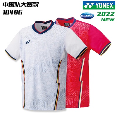 尤尼克斯YONEX羽毛球服 10486CR男款圓領速干短袖T恤 2022中國國家隊大賽服比賽服 白色/寶石紅