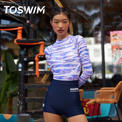 TOSWIM拓胜 女士连体平角长袖游泳衣遮肚显瘦 海洋飞鸟（TS210460052）