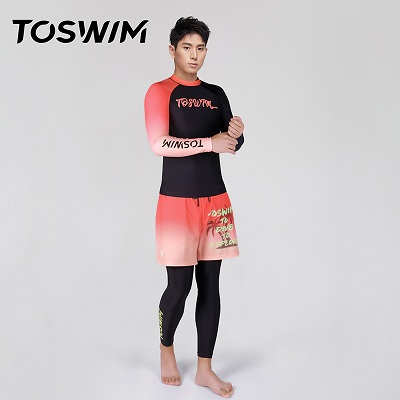 TOSWIM拓胜 男士分体长袖全身防晒冲浪服专业游泳训练装备 橙色晚霞（TS210550036）