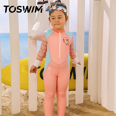 TOSWIM拓胜 儿童女款连体长袖全身游泳衣 粉色桑巴（TS210230031）