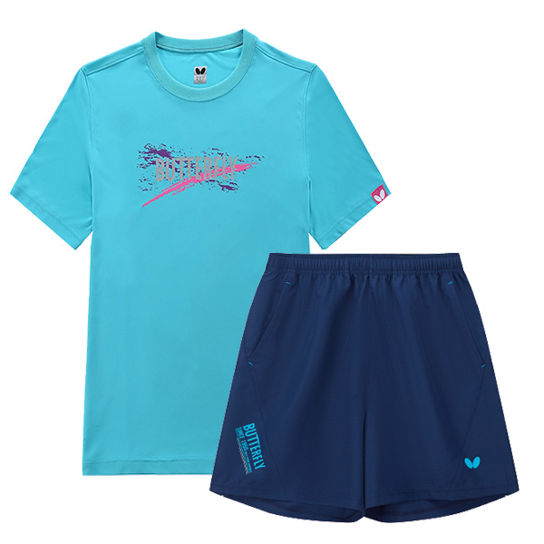蝴蝶 乒乓球短袖套装 BWH-821-17 圆领T恤亮蓝 BWS-331-05 短裤蓝色