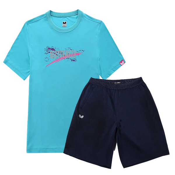蝴蝶 乒乓球短袖套裝 BWH-821-17 圓領T恤亮藍 BWS-329-05 短褲深藍色