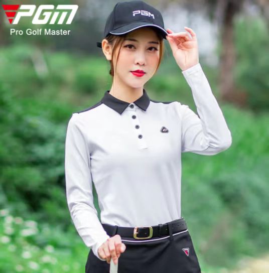PGM高尔夫服装 女士长袖T恤运动衣POLO衫速干衣 YF235 黑/白