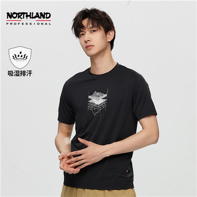 诺诗兰休闲短袖T恤男夏季圆领运动吸湿排汗 纯黑色 井蓝色 NTSDH5349S