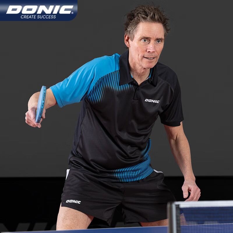 DONIC多尼克 乒乓球服 翻领短袖 男女款速干透气运动短袖 乒乓比赛服 83231-177 彩蓝+黑色