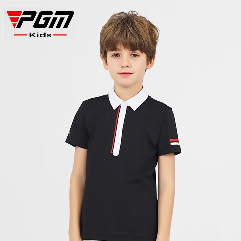 PGM儿童高尔夫服装男女童短袖衣服吸湿速干透气孔5扣翻领设计童装 YF597 黑色