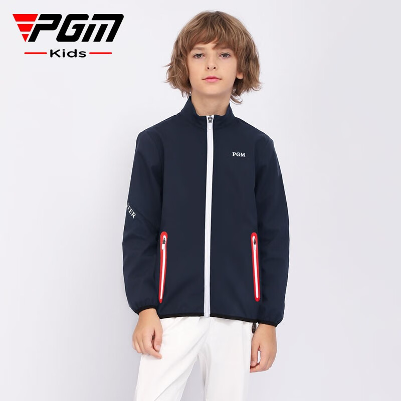 PGM儿童高尔夫衣服男童时尚风衣拉链青少年外套防风防雨面料 YF450-藏青色