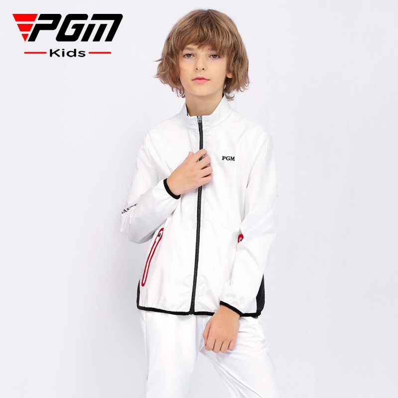 PGM儿童高尔夫衣服男童时尚风衣拉链青少年外套防风防雨面料 YF450-白色