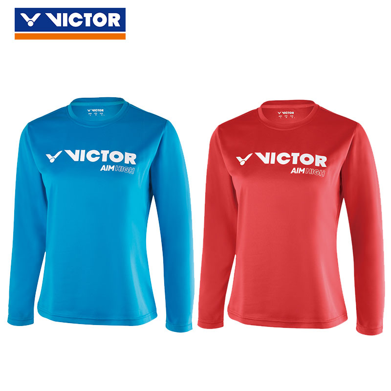 威克多VICTOR胜利羽毛球服 女款 圆领长袖T恤针织衫 运动健身训练服运动上衣 T-86100 蓝色/红色
