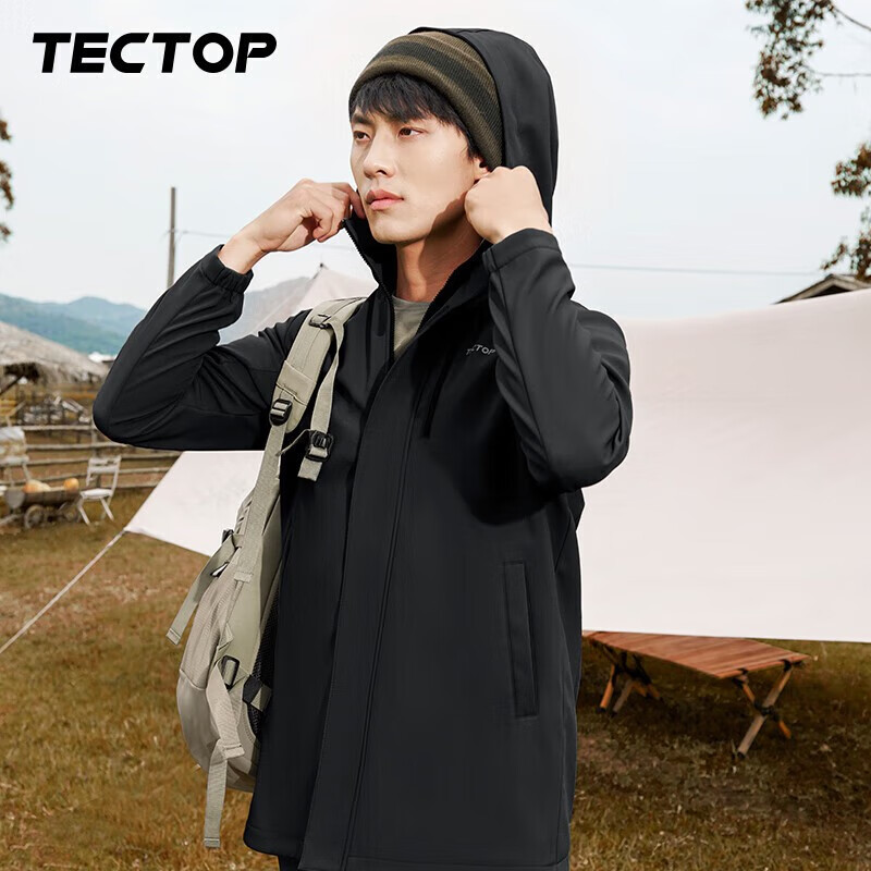 探拓（TECTOP）软壳衣男户外徒步保暖透气休闲外套防风连帽上衣 2237095RK 男款黑色 