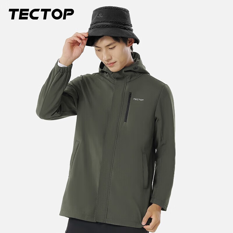 探拓（TECTOP）软壳衣男户外徒步保暖透气休闲外套防风连帽上衣 2237095RK 男款深咖绿色 