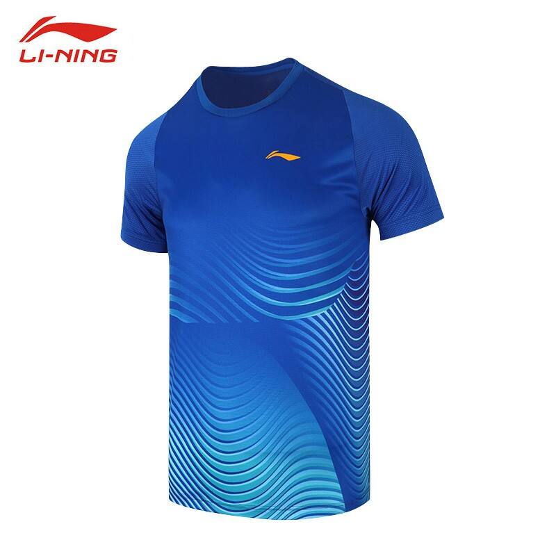 李宁羽毛球服 男款圆领速干透气比赛服 运动短袖上衣 AAYS059-3 晶蓝色