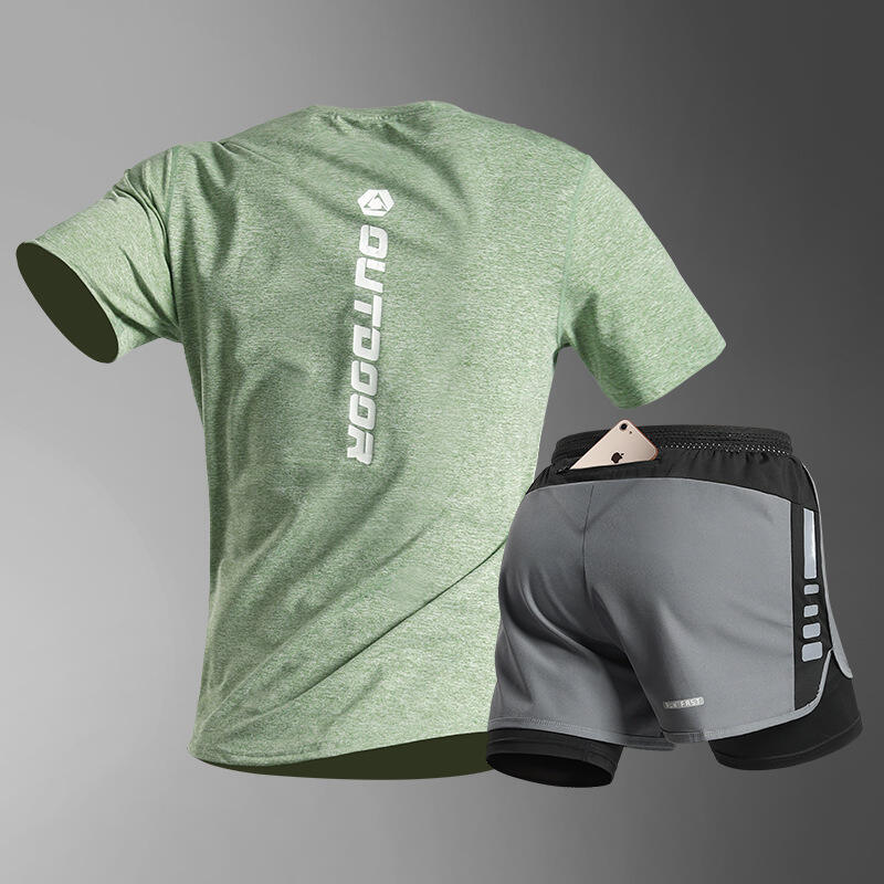 艾伦伯顿 跑步套装男健身短袖训练马拉松夏季速干冰丝田径体育衣服运动装备 绿灰套装